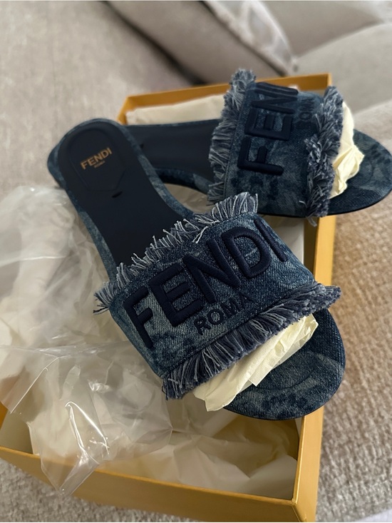 Fendi Shoes - Fendi Frayed Denim Logo Slide Sandals - Dark Blue
